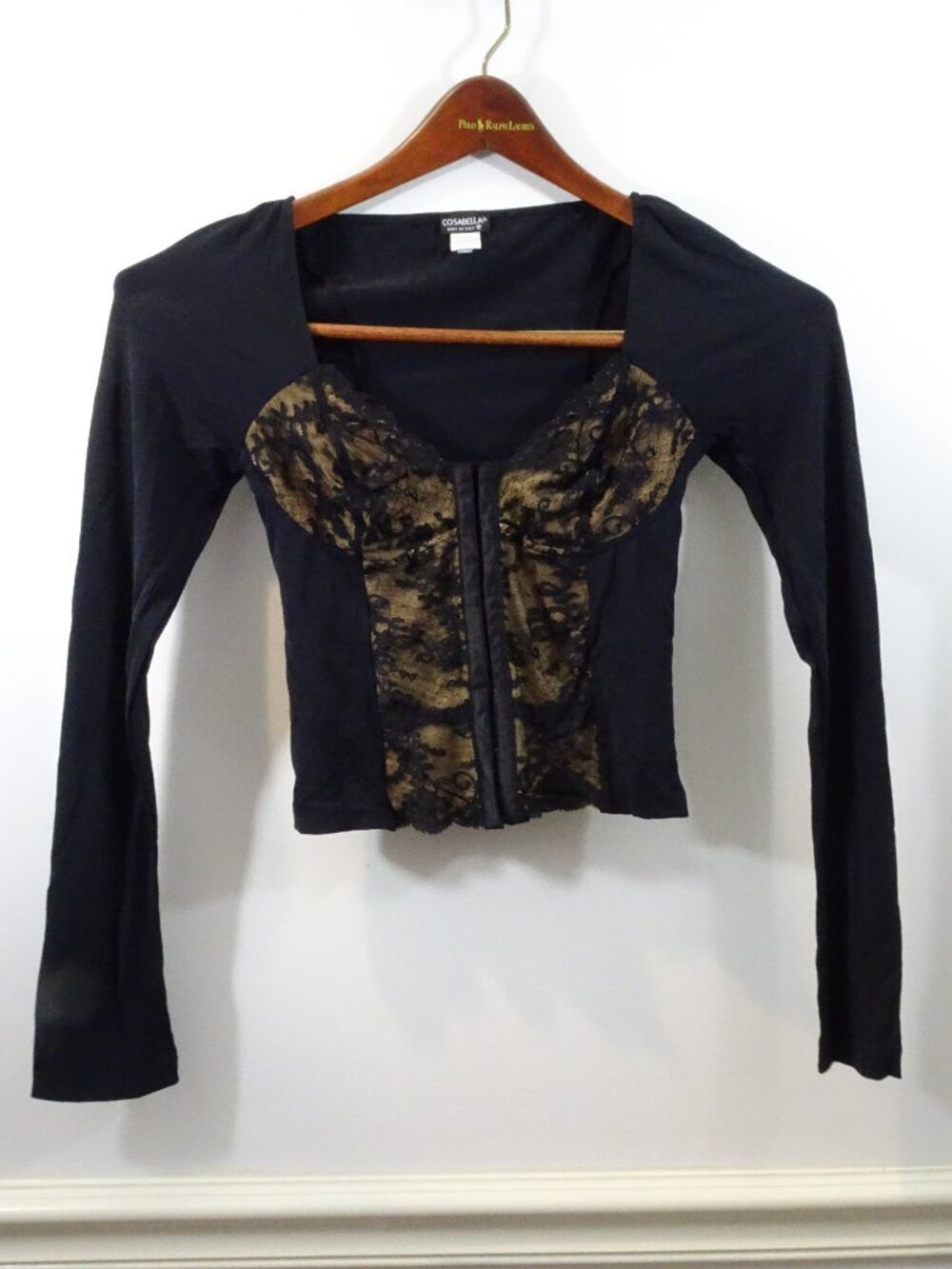 Cosabella Y2K Long Sleeve Lace Overlay Black Bustier Shirt S Italy Whimsygoth